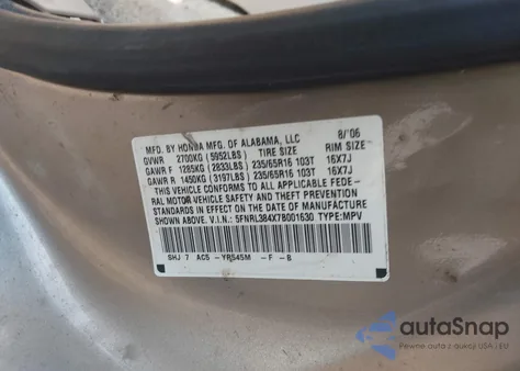 2007 Honda Odyssey Ex z USA, uszkodzony, nr VIN 5FNRL384X7B001630